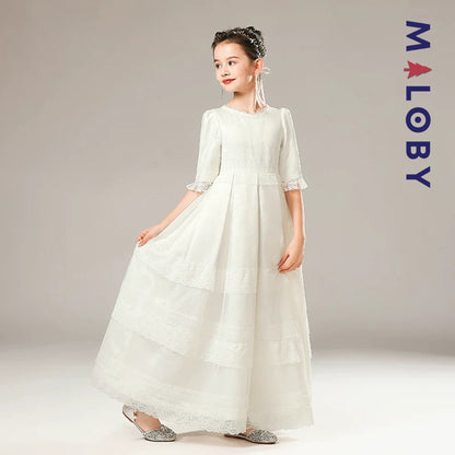 Robe longue de cérémonie en dentelle -Blanc
