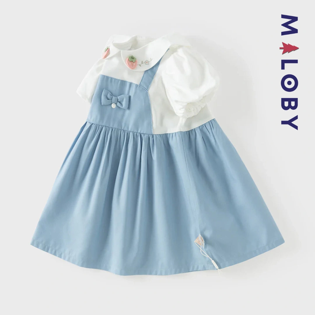 Robe été bi-matière effet 2 en 1 enfant fille- Bleu