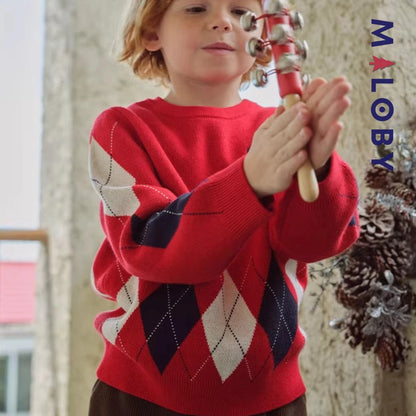 Pull Jacquard encolure ronde enfant garçon -Rouge -robes et ensembles pour filles, bébés et garcons - MALOBY