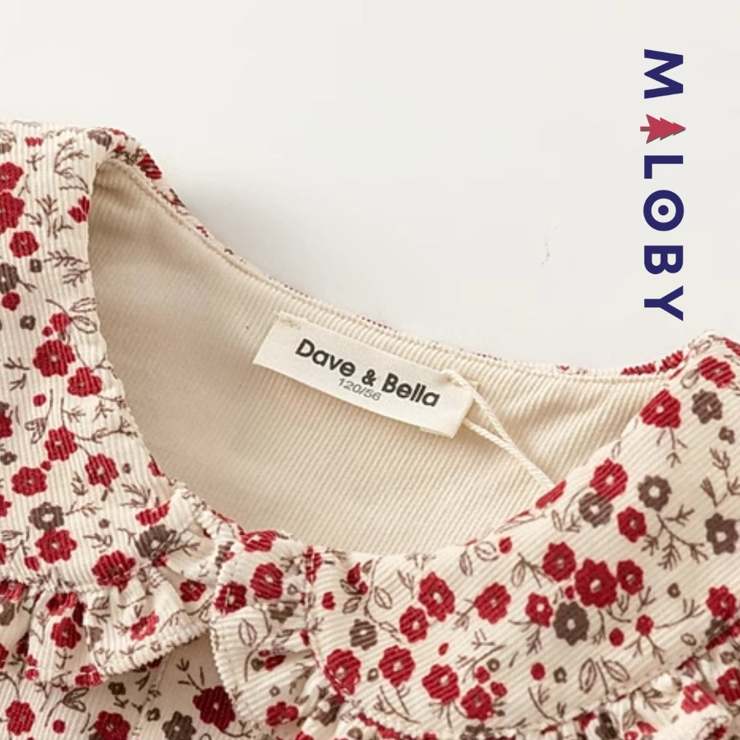 Robe en velours motifs fleuris enfant fille - Beige/Rouge imprimé -robes et ensembles pour filles, bébés et garcons - MALOBY