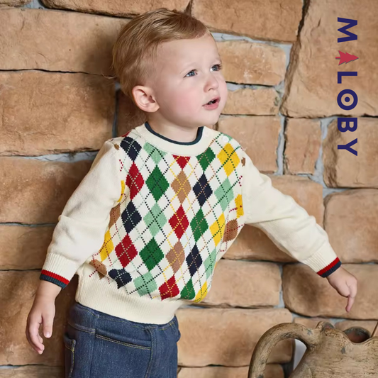 Pull en maille motif losange enfant Garçon -Beige -robes et ensembles pour filles, bébés et garcons - MALOBY