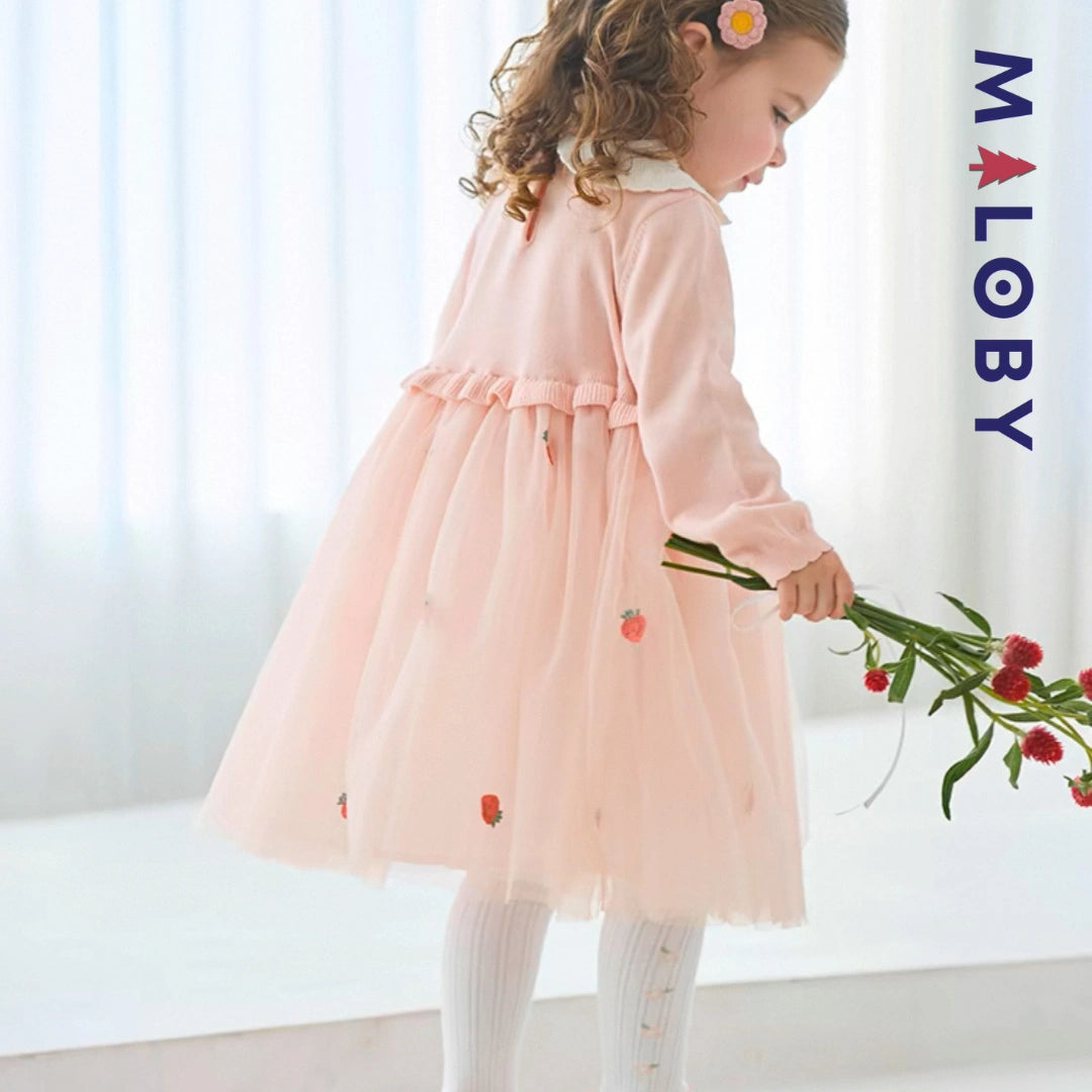 Robe bi-matière motif fraise- rose