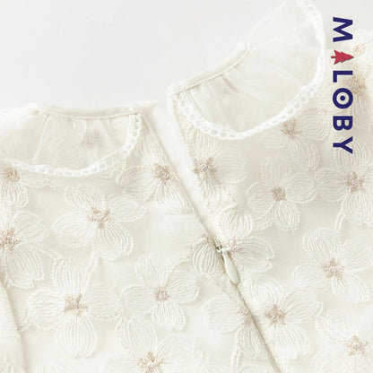 Robe cérémonie manches longues fleurettes - blanc