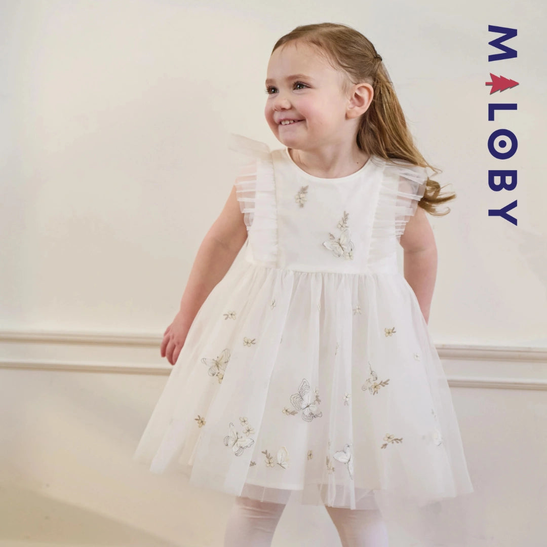 Robe cérémonie brodée manches courtes enfant fille -Beige