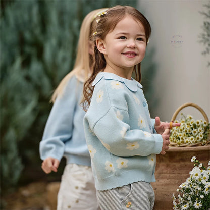 Cardigan en maille à fleurs enfant fille -Bleu ciel