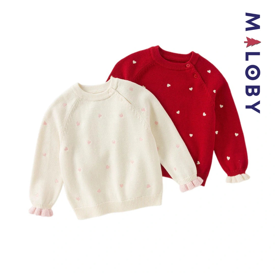 Pull en maille motifs cœurs enfant fille- Rouge / Beige