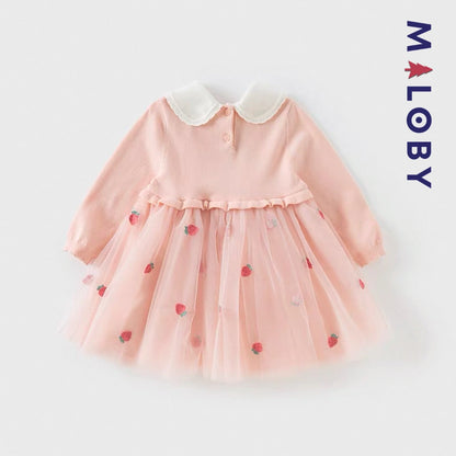 Robe bi-matière motif fraise- rose