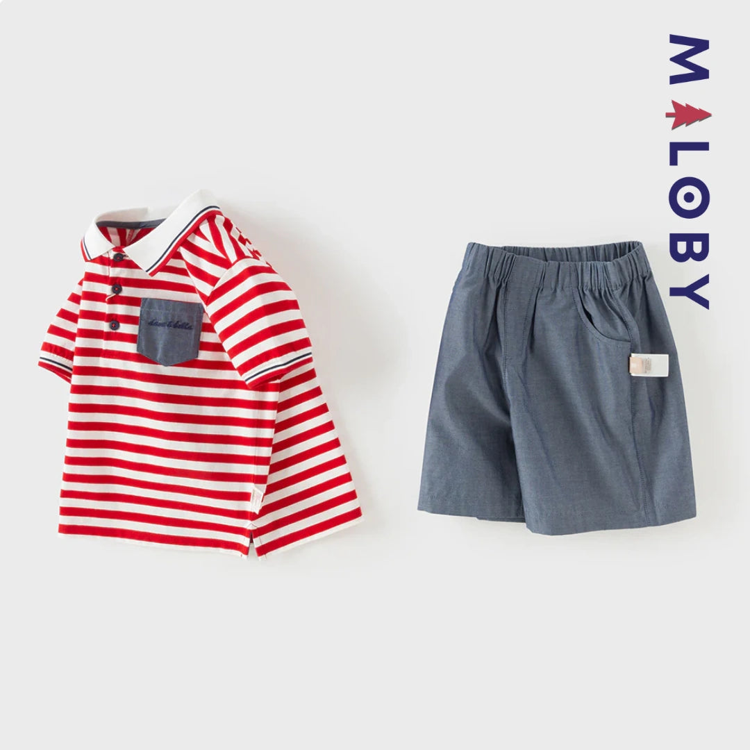 Ensemble 2 Pièces polo+ short en pur coton enfant garçon-Rouge rayé