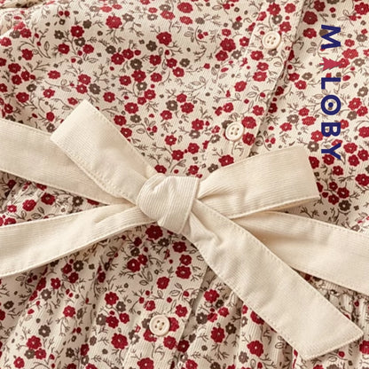 Robe en velours motifs fleuris enfant fille - Beige/Rouge imprimé -robes et ensembles pour filles, bébés et garcons - MALOBY