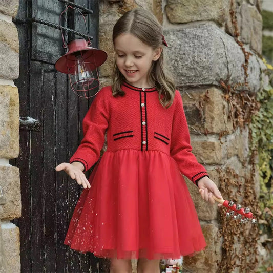 Robe habillée bi-matière enfant fille -Rouge