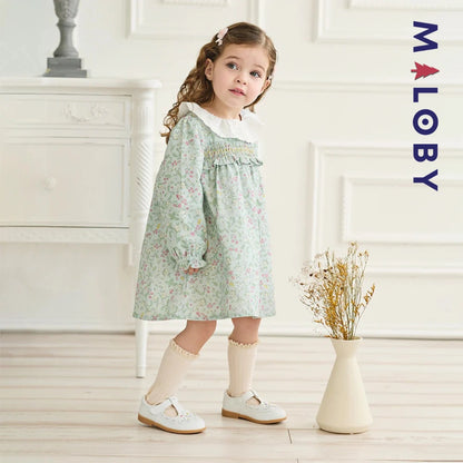 Robe à smocks fleurie manches longues enfant fille- vert imprimé