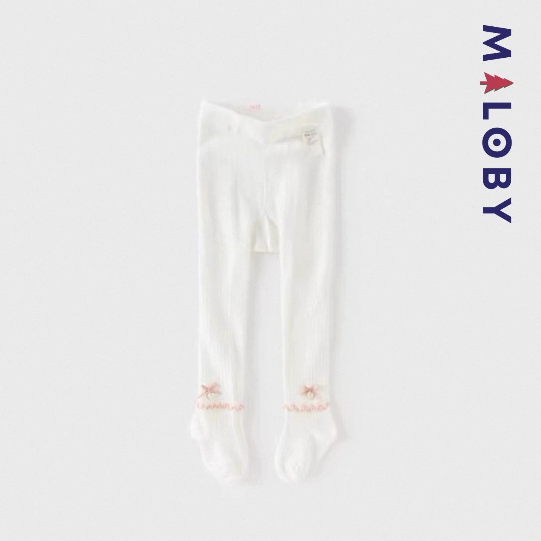 Collant côtelé avec nœud et cœur  enfant fille –Gris/Beige