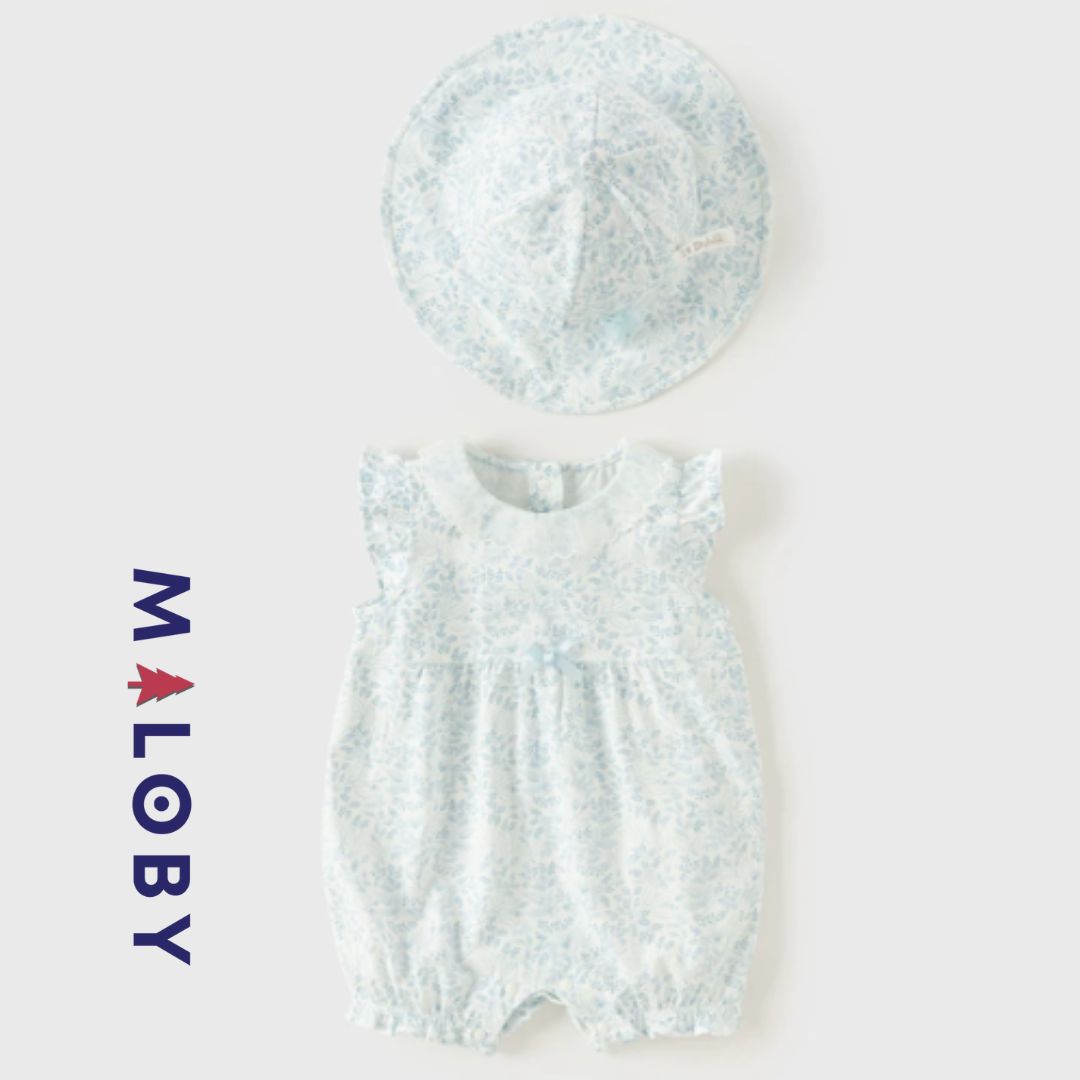 Ensemble combinaison +chapeau bébé fille - blanc/bleu -robes et ensembles pour filles, bébés et garcons - MALOBY