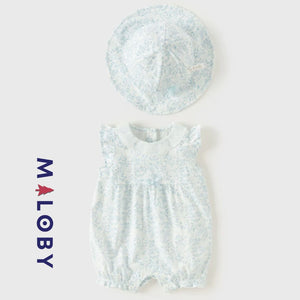 Ensemble combinaison +chapeau bébé fille - blanc/bleu -robes et ensembles pour filles, bébés et garcons - MALOBY