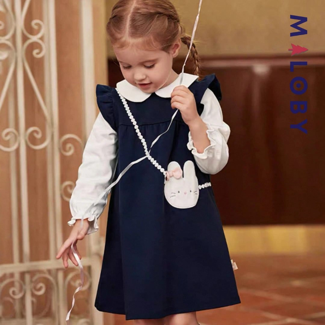 Robe bi-matière motif lapin enfant fille- Marine -robes et ensembles pour filles, bébés et garcons - MALOBY