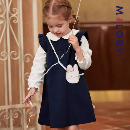 Robe bi-matière motif lapin enfant fille- Marine -robes et ensembles pour filles, bébés et garcons - MALOBY