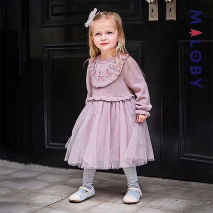 Robe bi-matière motifs brodés enfant fille- violet