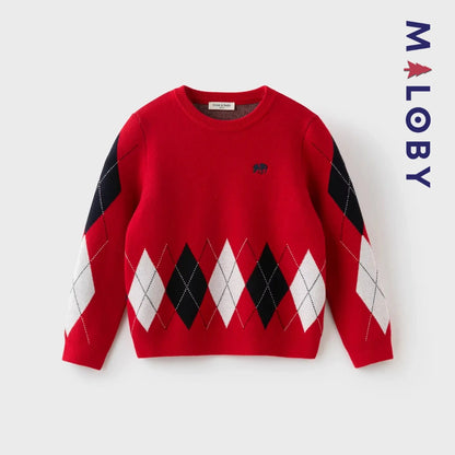 Pull Jacquard encolure ronde enfant garçon -Rouge -robes et ensembles pour filles, bébés et garcons - MALOBY