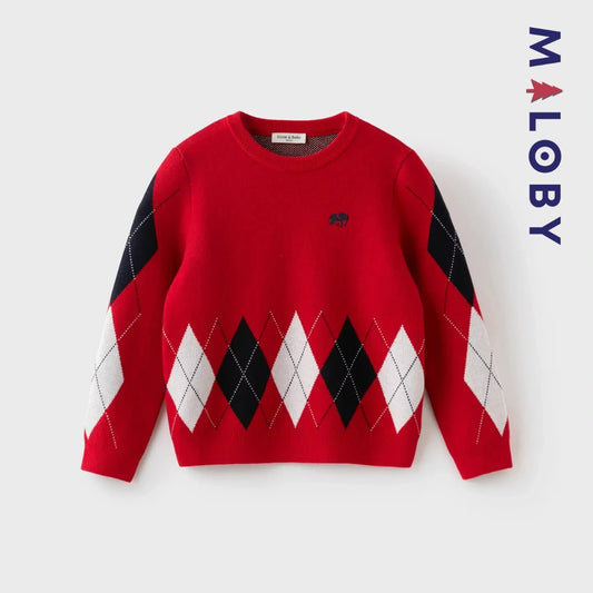Pull Jacquard encolure ronde enfant garçon -Rouge -robes et ensembles pour filles, bébés et garcons - MALOBY