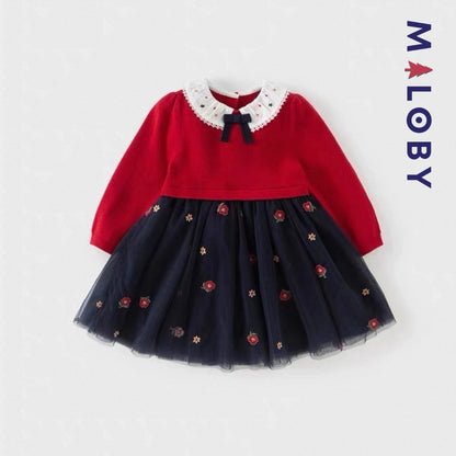 Robe habillée bi-matière enfant fille -Rouge -robes et ensembles pour filles, bébés et garcons - MALOBY