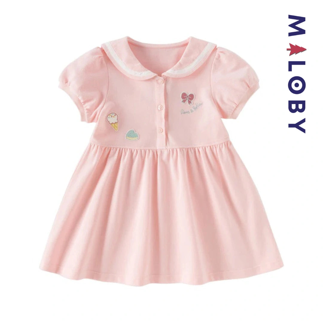 Robe manches courtes en piqué de coton enfant fille -Rose