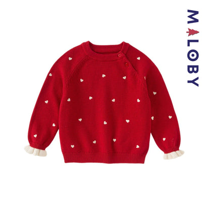 Pull en maille motifs cœurs enfant fille- Rouge / Beige