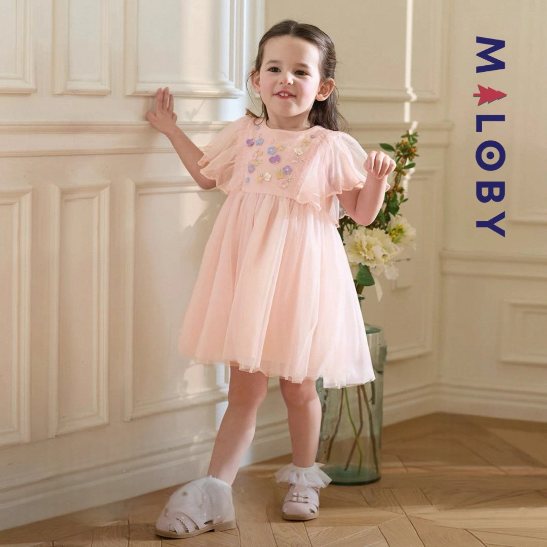 Robe de Cérémonie en Tulle à Broderie Florale 3D- Rose