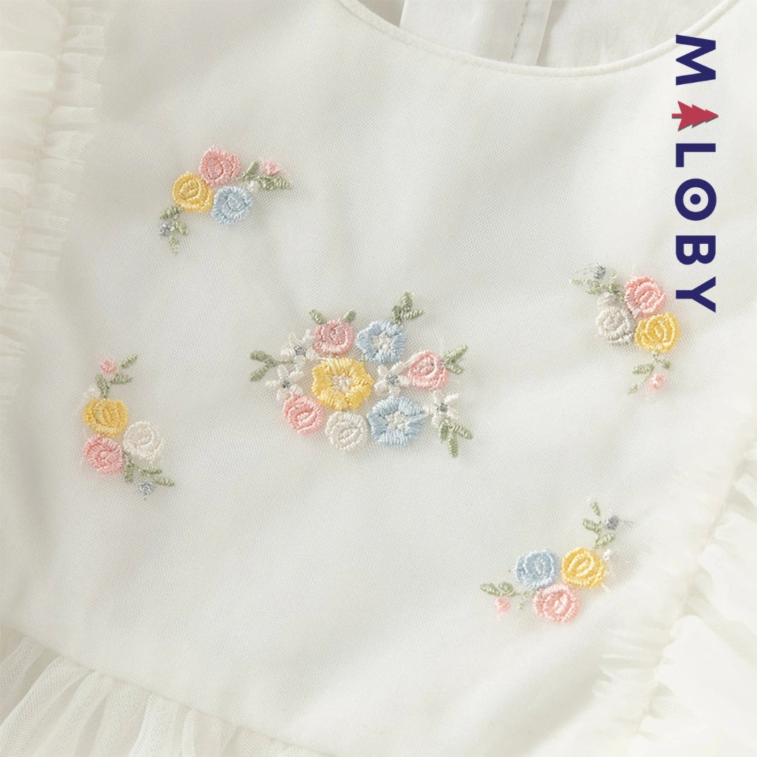 Robe cérémonie brodée fleurs enfant fille -Beige
