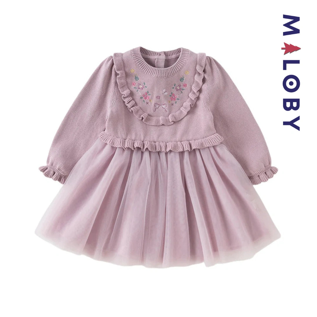 Robe bi-matière motifs brodés enfant fille- violet