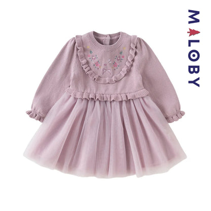 Robe bi-matière motifs brodés enfant fille- violet