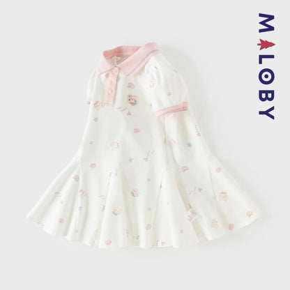 Robe polo motifs fantaisie enfant fille -Blanc/ Rose