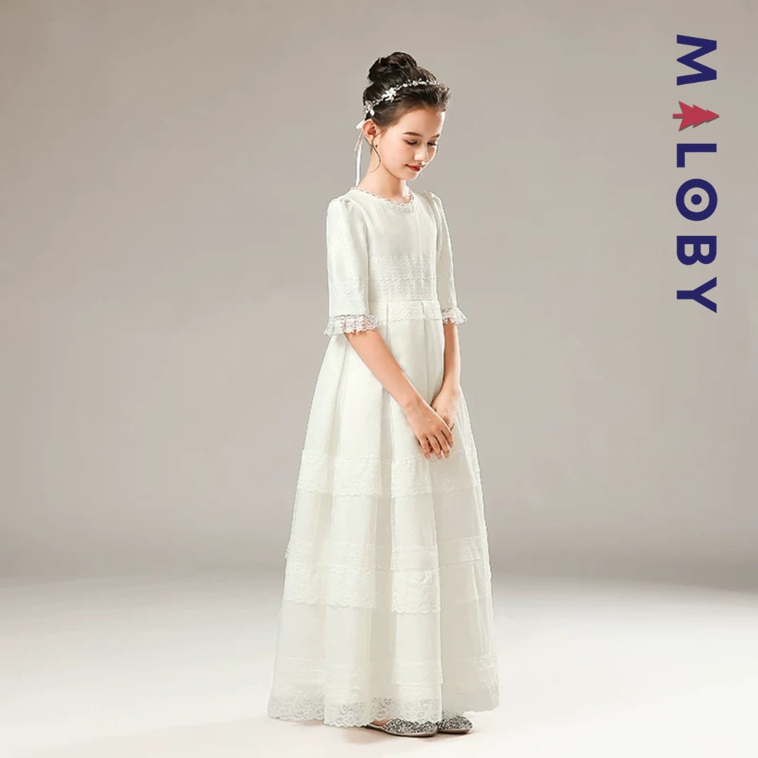 Robe longue de cérémonie en dentelle -Blanc