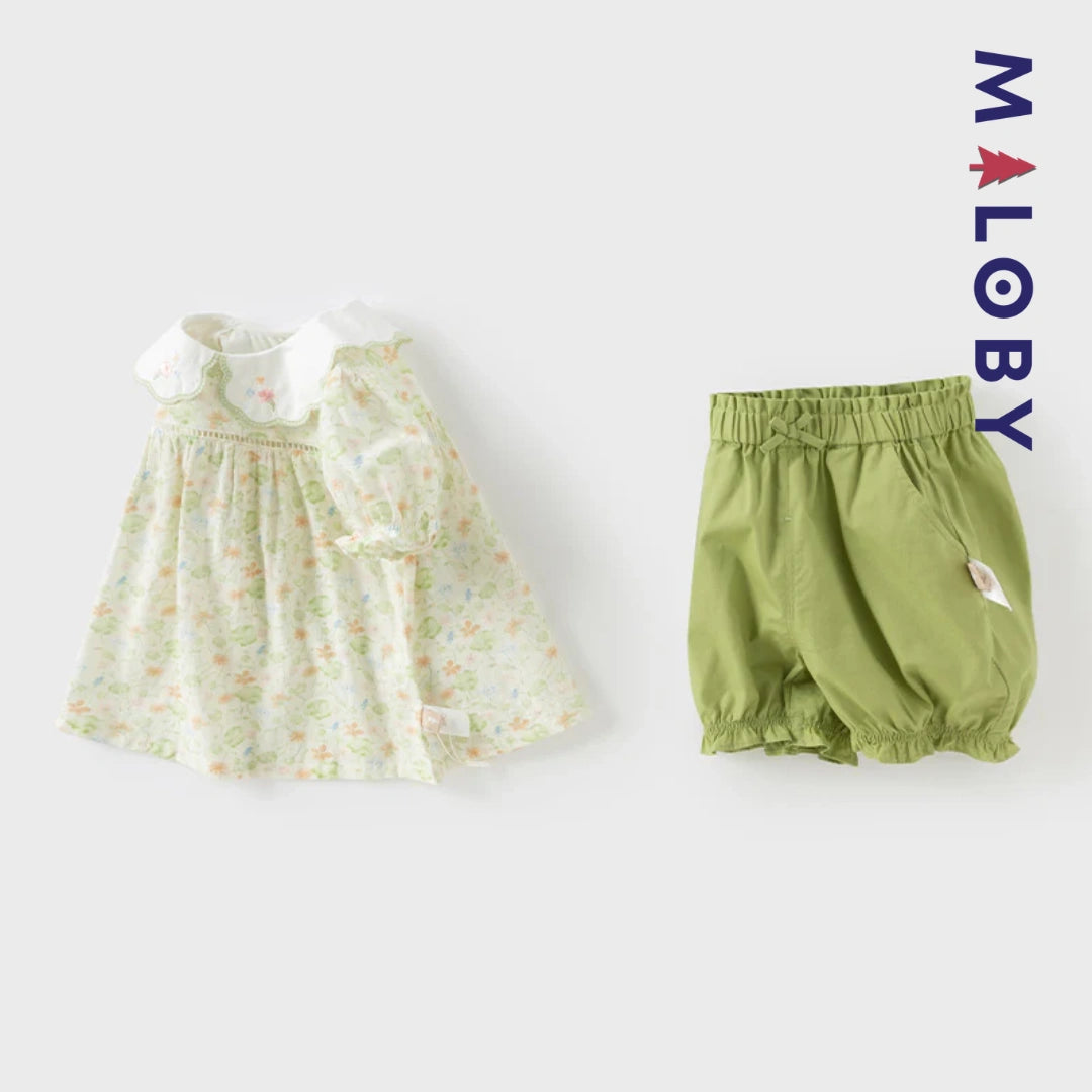 Ensemble floral 2 pièces Tunique+Short enfant fille- Vert