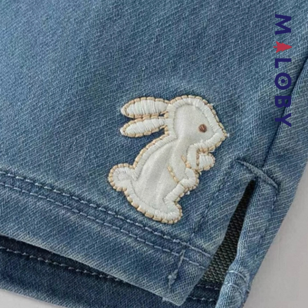 Pantalon jean avec broderies lapin enfant fille-Bleu