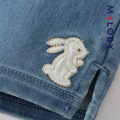 Pantalon jean avec broderies lapin enfant fille-Bleu