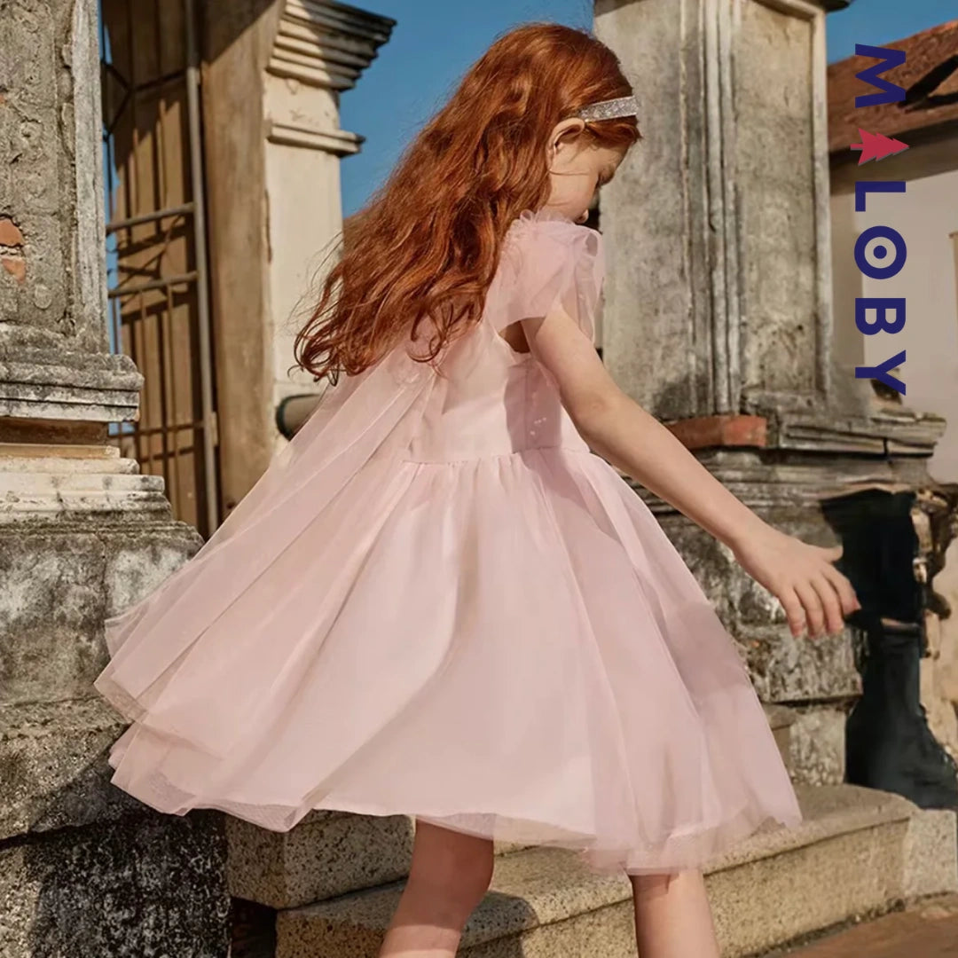Robe princesse pour cérémonie en Tulle enfant fille- Rose