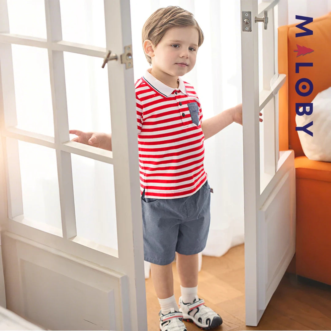 Ensemble 2 Pièces polo+ short en pur coton enfant garçon-Rouge rayé