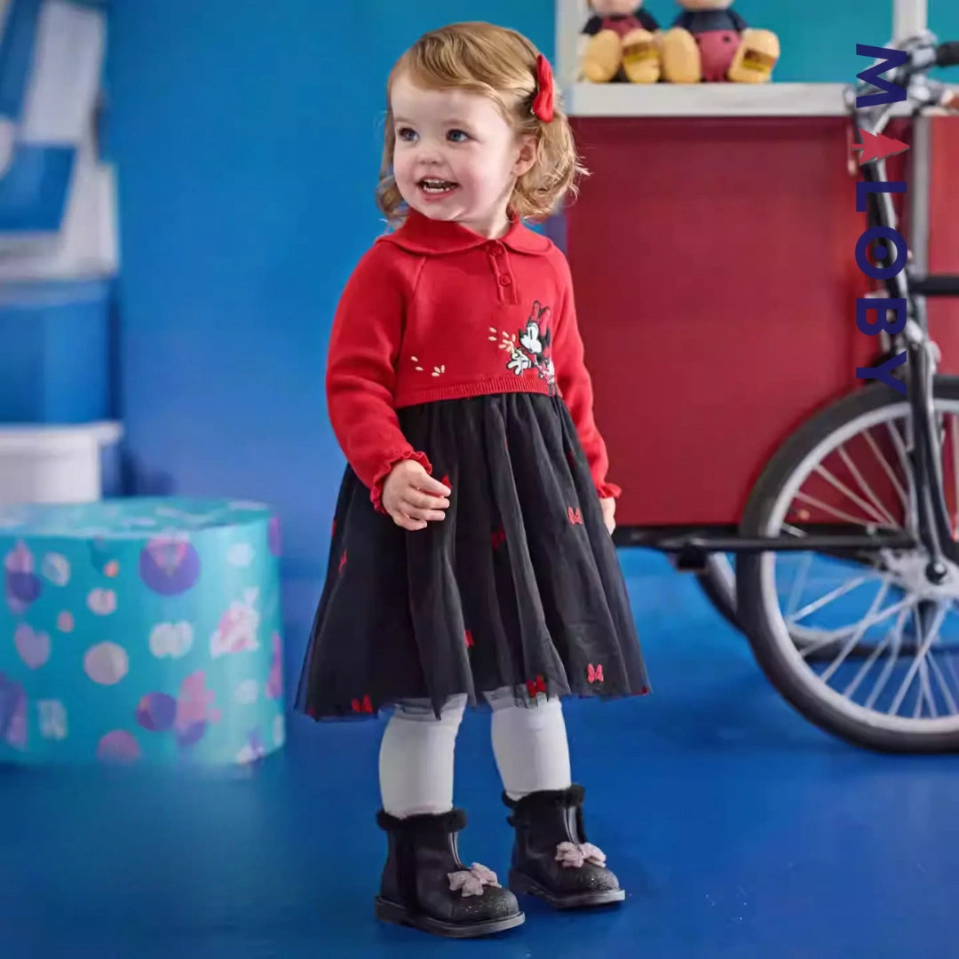 Robe Minnie bi-matière enfant fille -Rouge -robes et ensembles pour filles, bébés et garcons - MALOBY