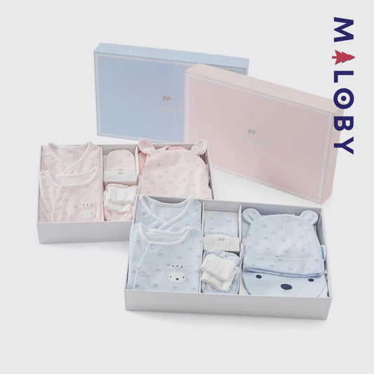 Set naissance imprimé 7 pièces en coton doux - rose/bleu -robes et ensembles pour filles, bébés et garcons - MALOBY