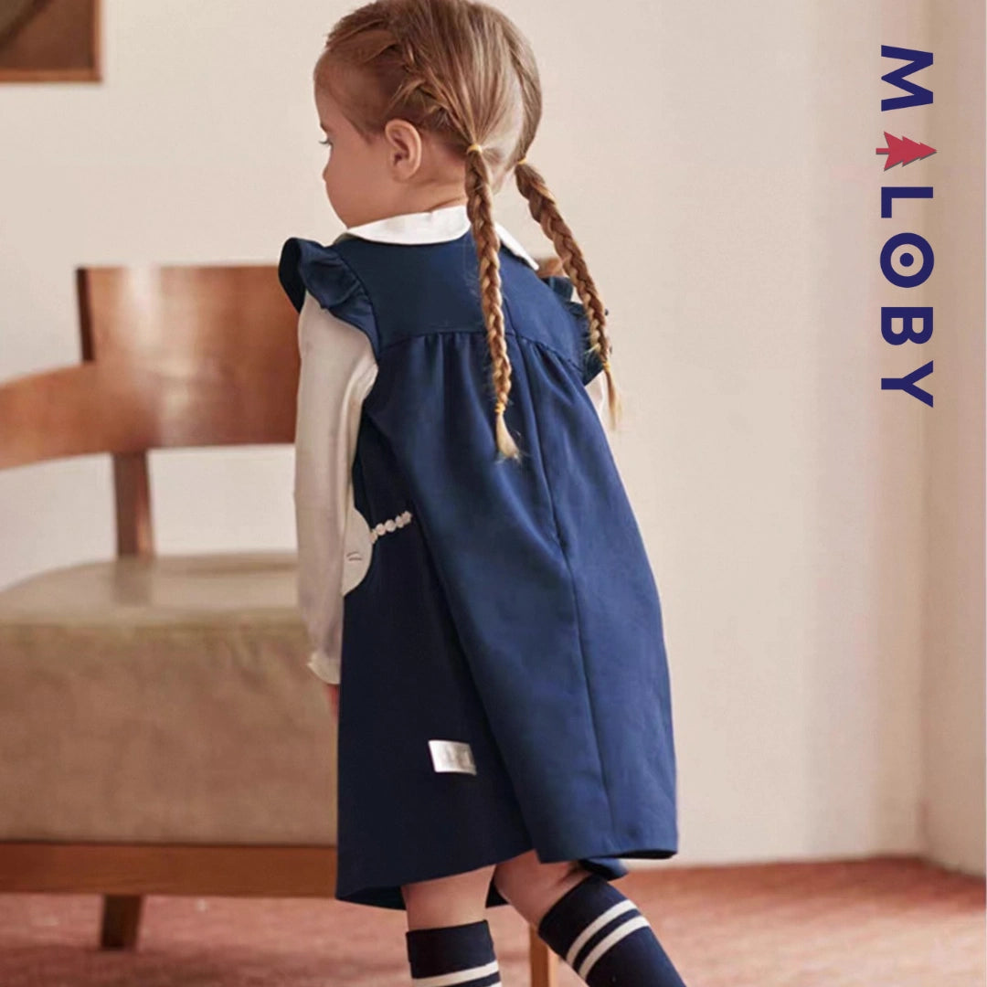 Robe bi-matière motif lapin enfant fille- Marine -robes et ensembles pour filles, bébés et garcons - MALOBY