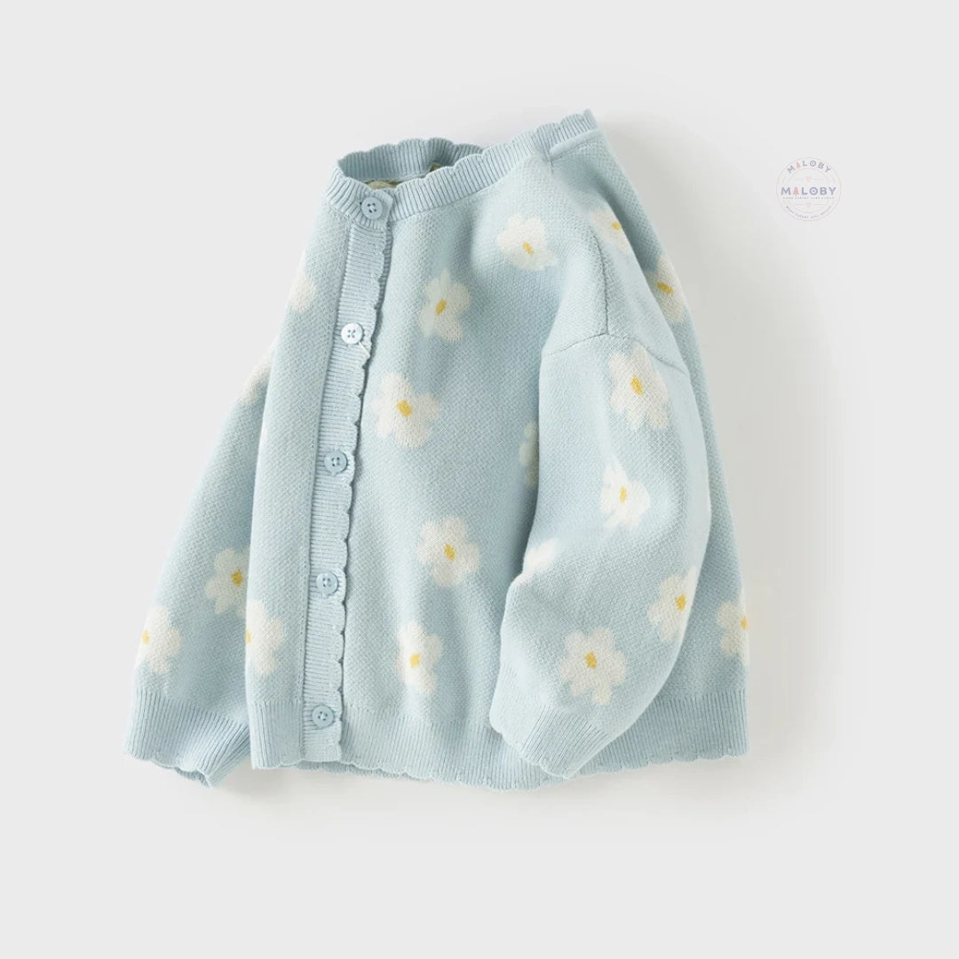 Cardigan en maille à fleurs enfant fille bleu ciel, vêtement enfant maroc - MALOBY