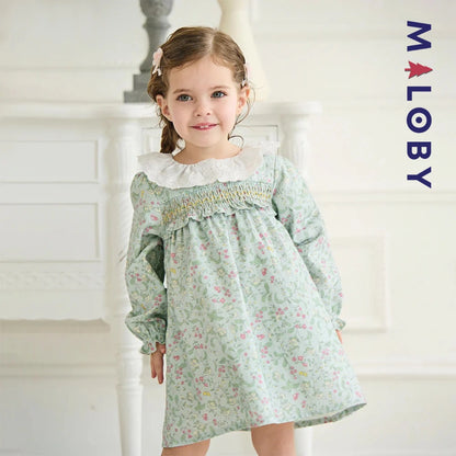 Robe à smocks fleurie manches longues enfant fille- vert imprimé