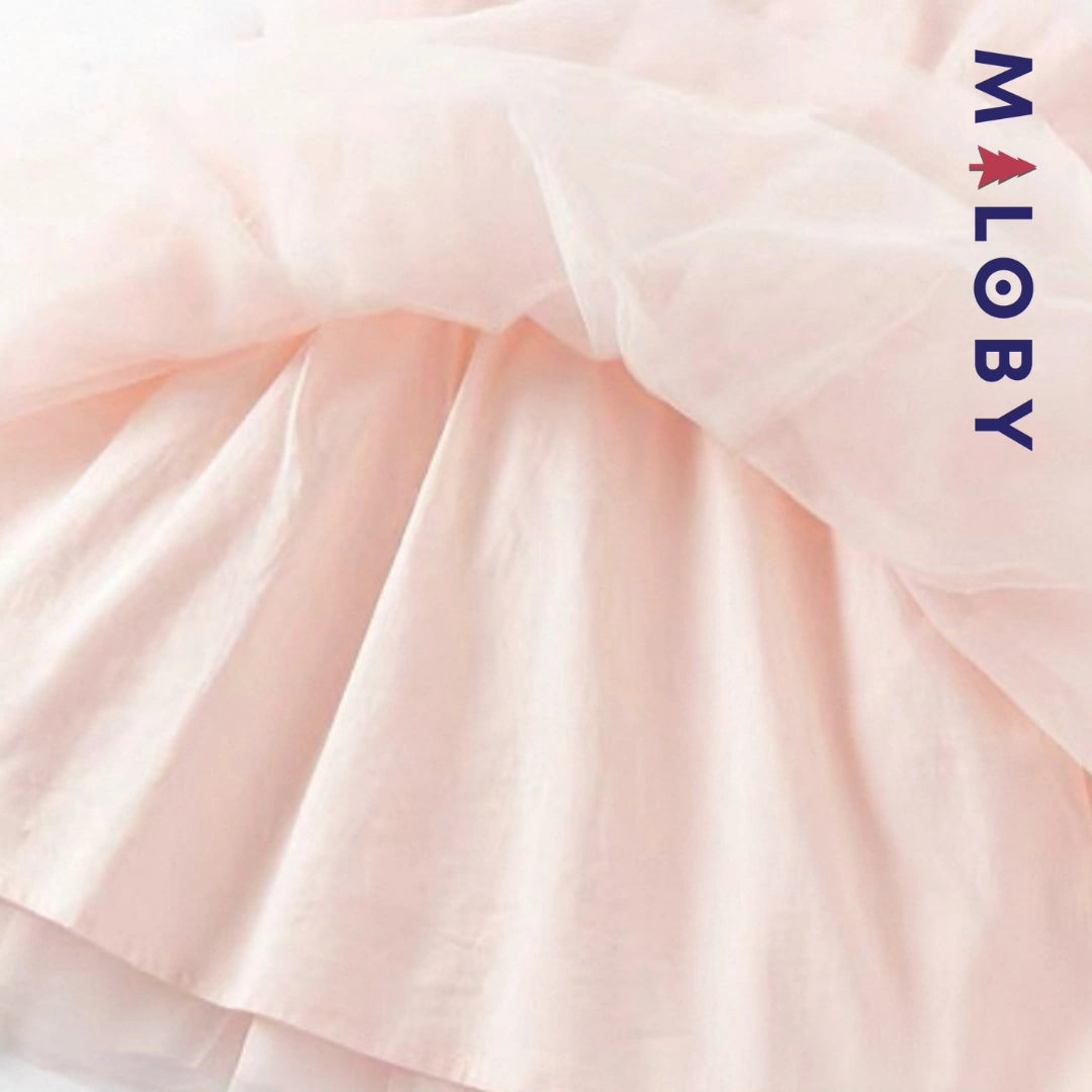 Robe cérémonie bi-matière motif fleur enfant fille- Rose
