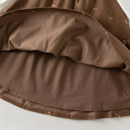 Robe en velours côtelé à imprimé cerises enfant fille –Marron