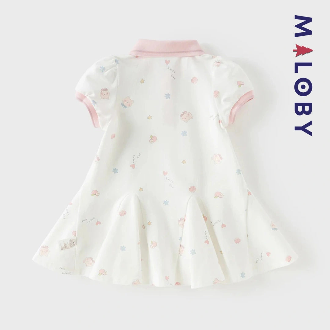 Robe polo motifs fantaisie enfant fille -Blanc/ Rose
