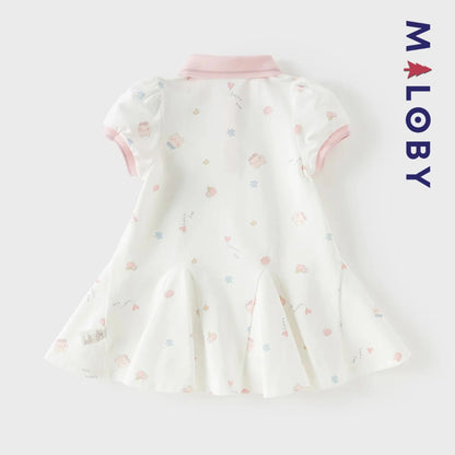 Robe polo motifs fantaisie enfant fille -Blanc/ Rose