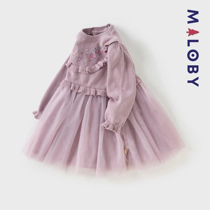 Robe bi-matière motifs brodés enfant fille- violet