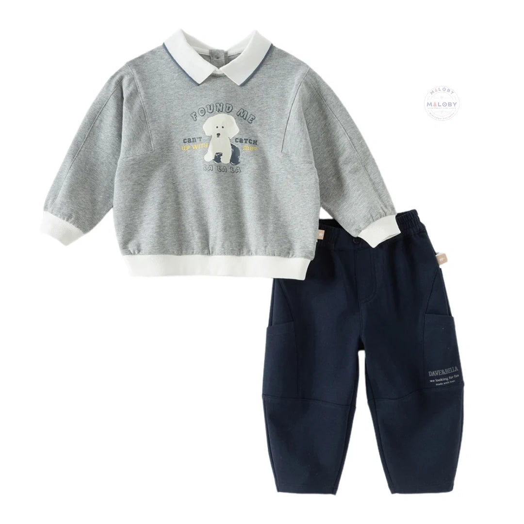 Ensemble sweat col chemise et pantalon cargo enfant garçon gris et bleu marine - MALOBY