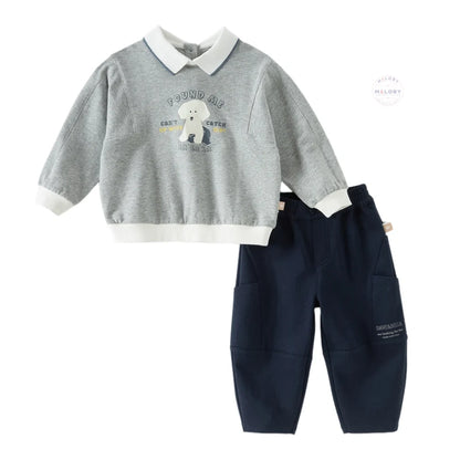 Ensemble sweat col chemise et pantalon cargo enfant garçon gris et bleu marine - MALOBY