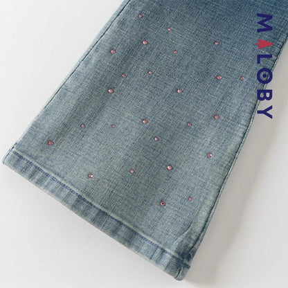 Pantalon denim large base en perles enfant fille- bleu